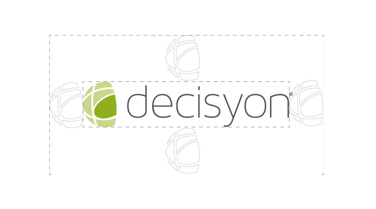 Decisyon logo safe-zone diagram: clear space around the wordmark equals the width and height of the leaf icon on all four sides.