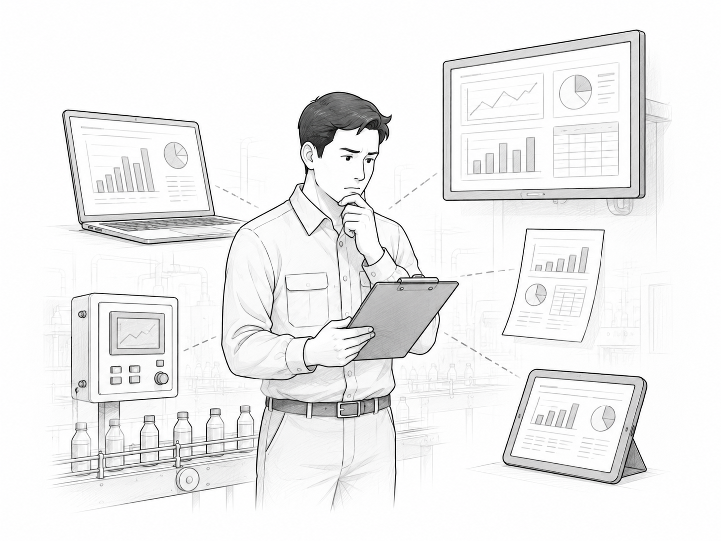 Illustration of an operator surrounded by screens and reports showing disconnected asset data