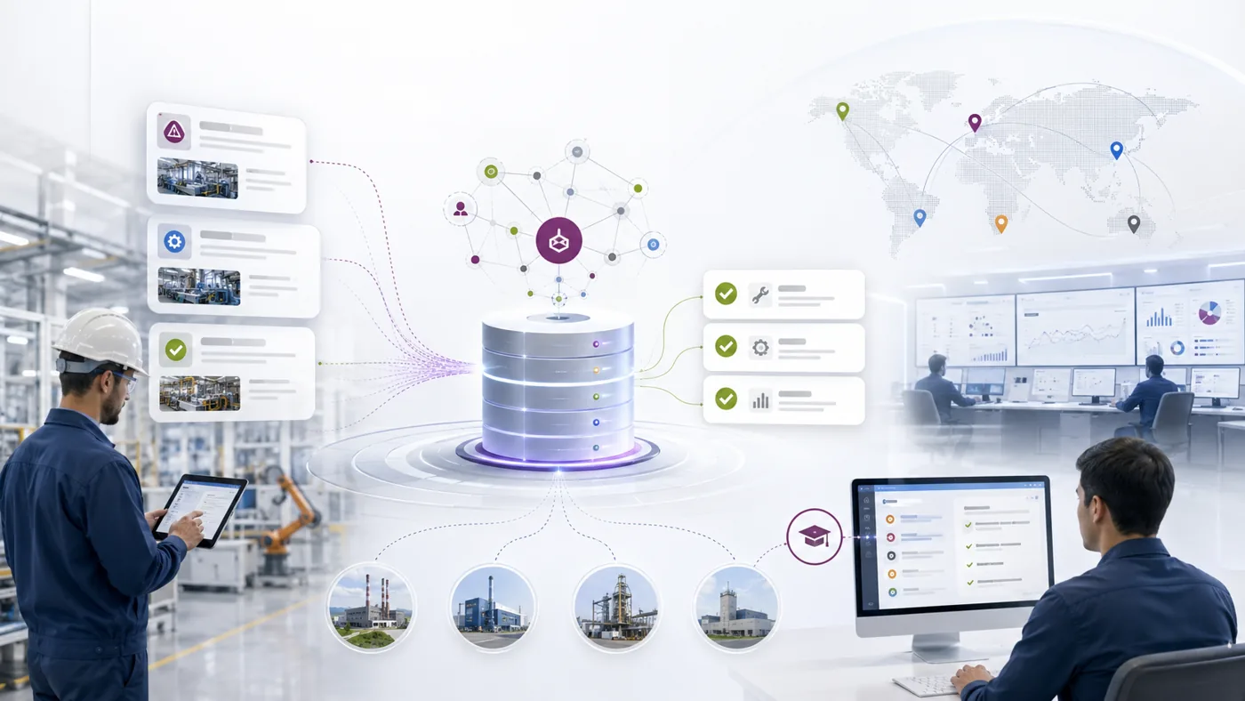 Operational memory: plant data, corrective actions, and verified outcomes captured in a shared knowledge system across sites
