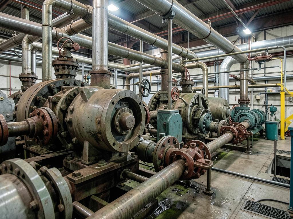 Industrial pumps, compressors, and process piping in a refinery setting