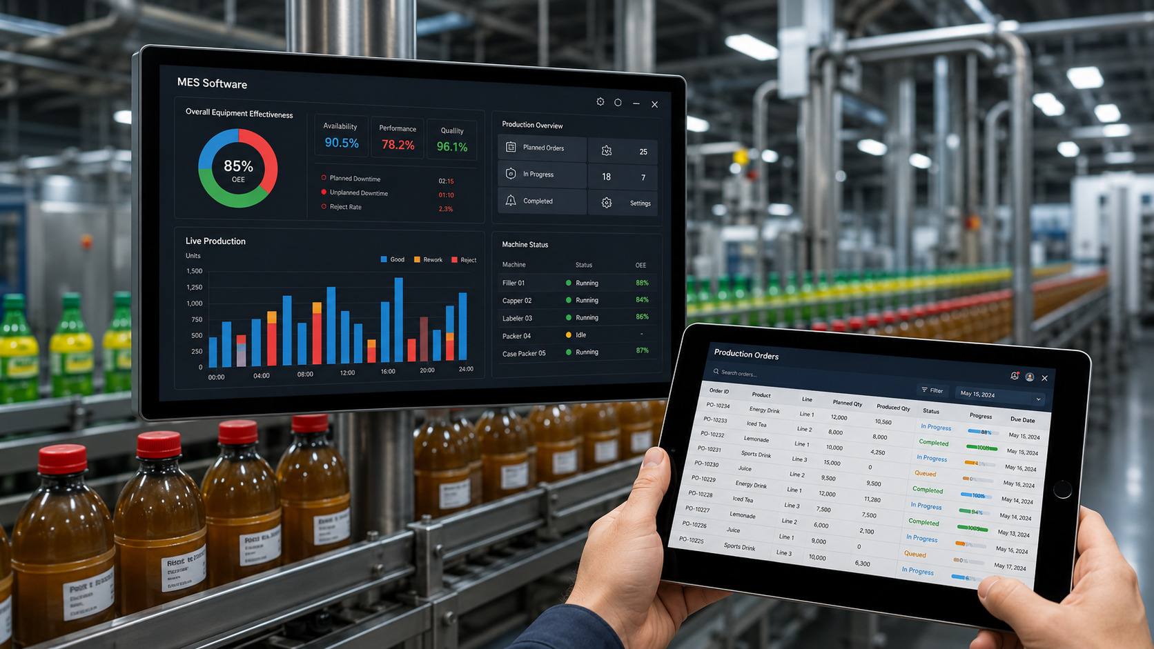 Food and beverage MES software dashboard supporting lot traceability on a beverage line