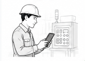 Plant operator reviewing a machine alert on a handheld tablet