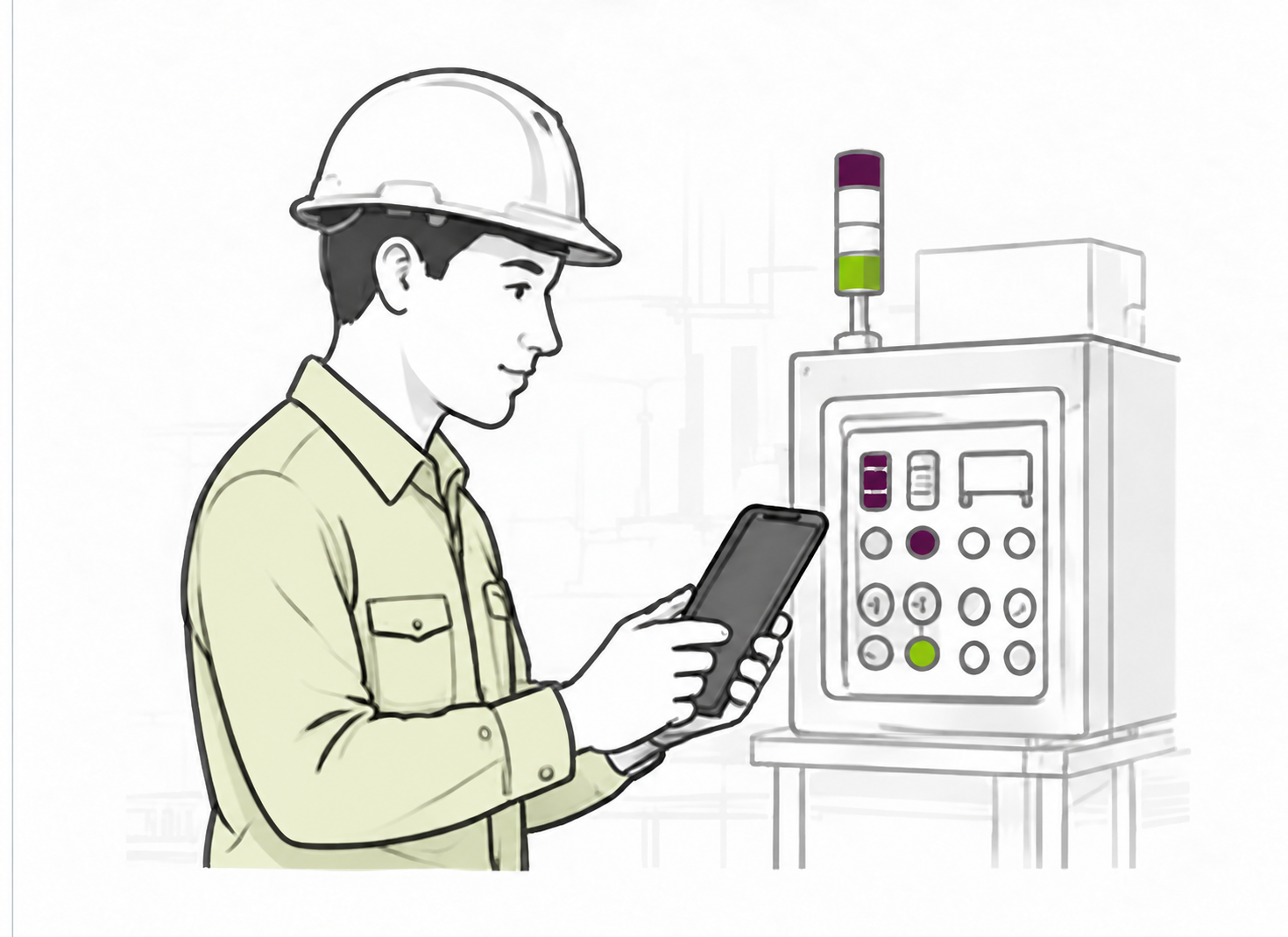 Operator at a machine reviewing an alert on a handheld device