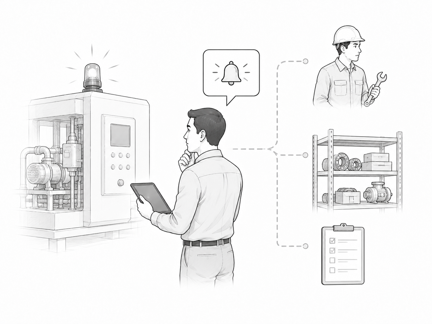 Illustration of a maintenance manager receiving an alert and deciding the next steps