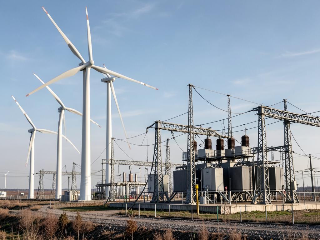 Wind turbines and a high-voltage substation with transformers