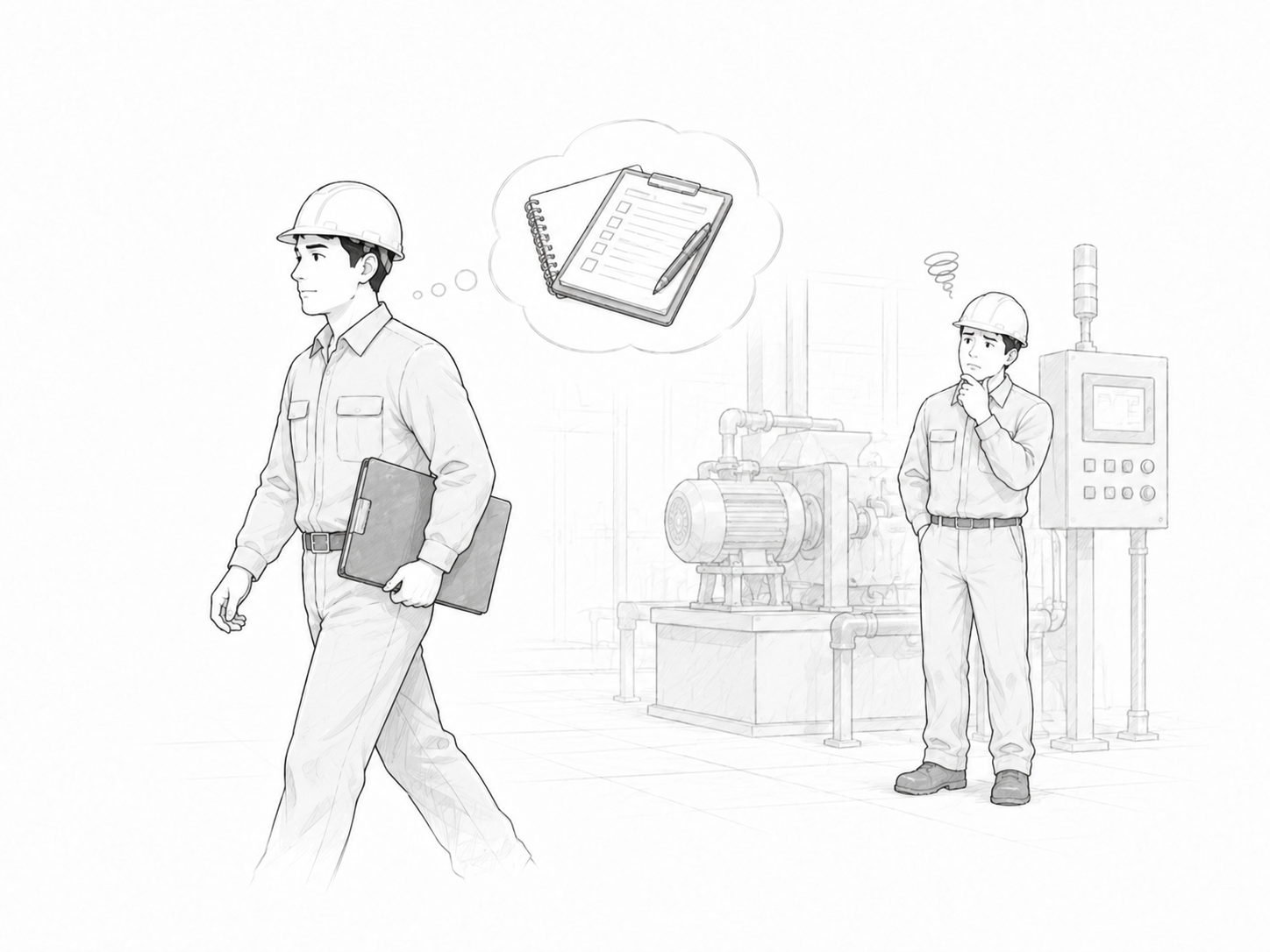 Illustration of an experienced technician leaving while a younger technician looks uncertain