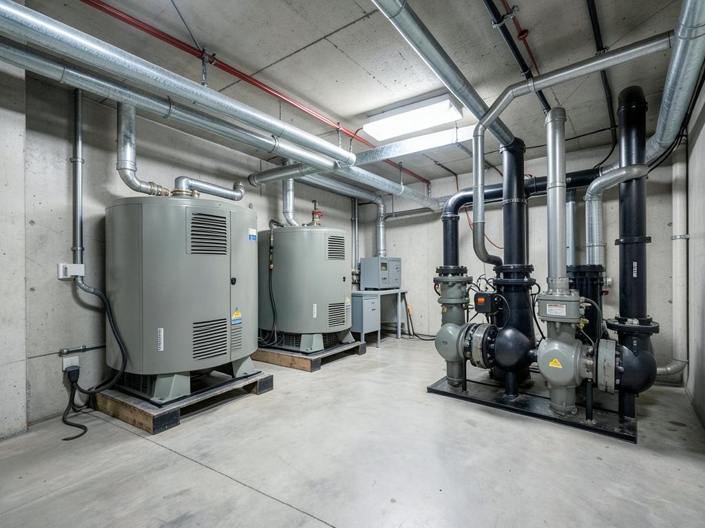 Industrial chillers and pumps in a building mechanical plant room