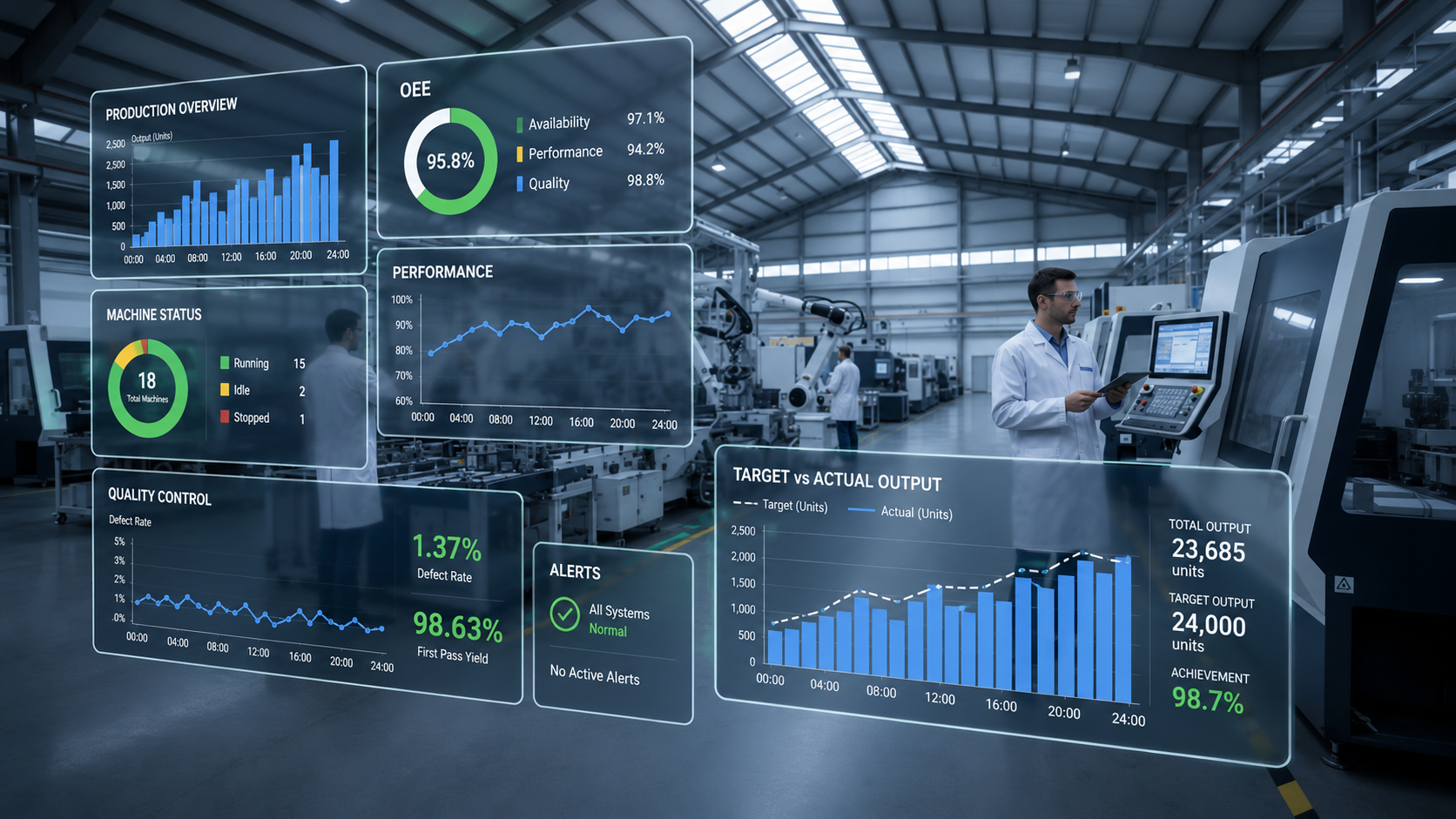 Low-code manufacturing app development platform showing OEE dashboard and production monitoring interface on factory floor