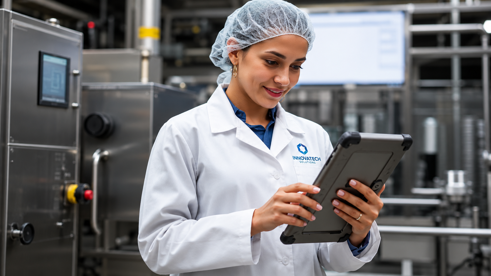 Quality technician using food and beverage MES software for batch checks