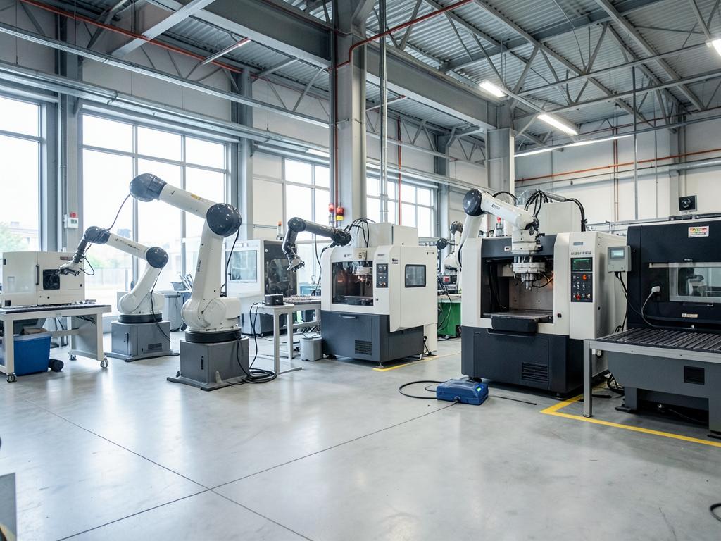 Robotic arms and CNC machining centers on a modern manufacturing floor