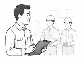 Shift supervisor with a clipboard briefing two operators on the floor