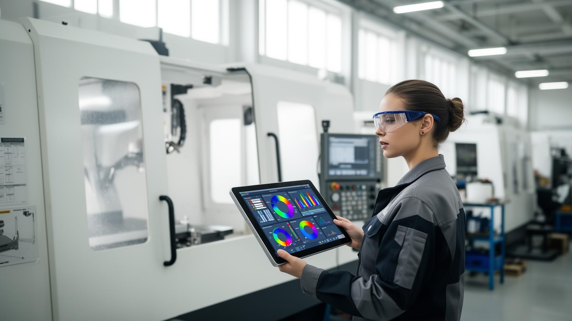 Manufacturing engineer reviewing low-code analytics dashboards on a tablet beside CNC machinery